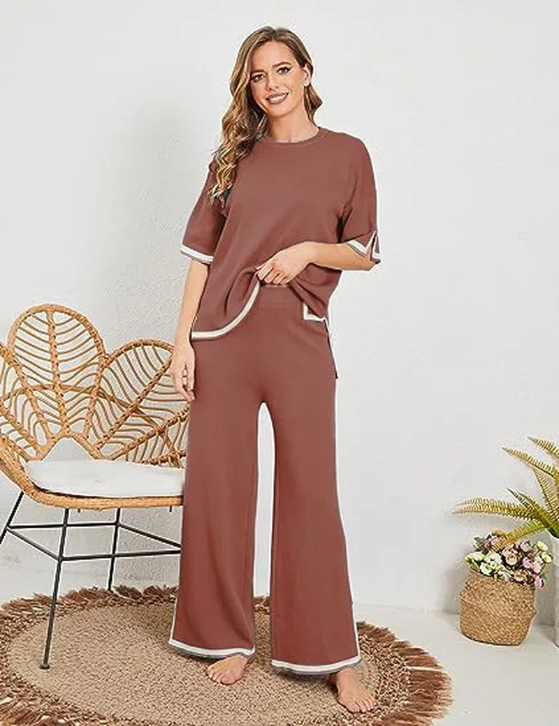 Summer Knitted Set Sweater Set Short Sleeve Pullover Wide Leg Pants