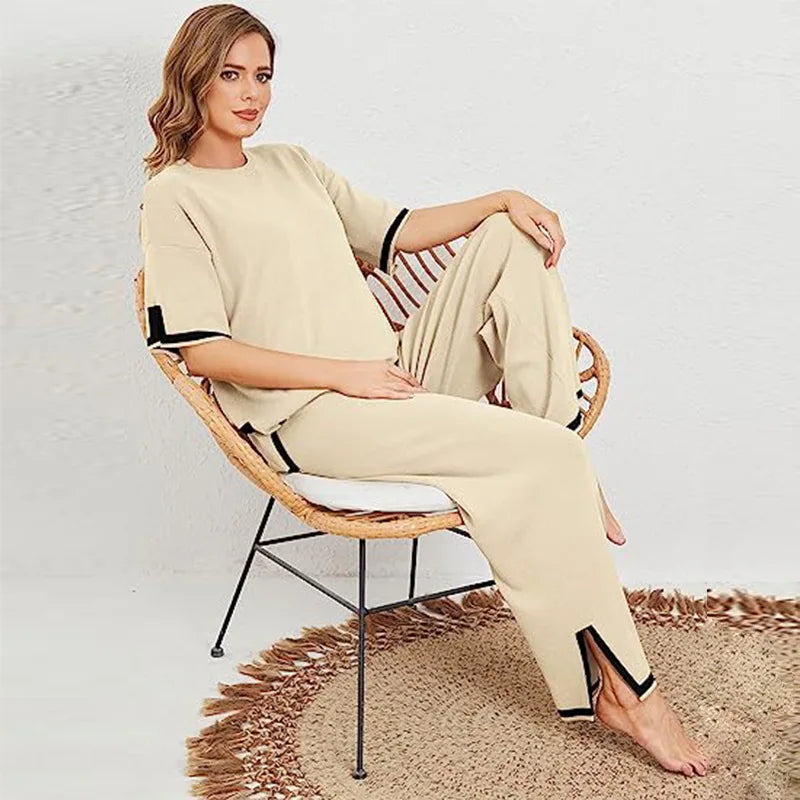 Summer Knitted Set Sweater Set Short Sleeve Pullover Wide Leg Pants