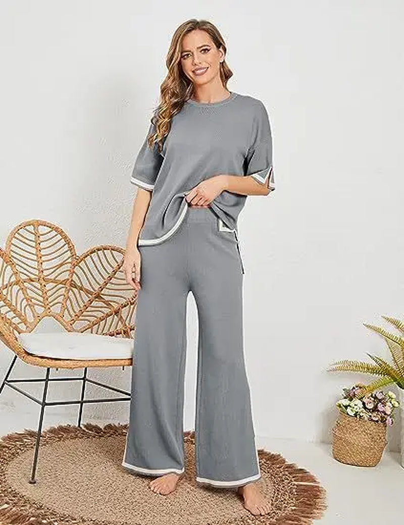 Summer Knitted Set Sweater Set Short Sleeve Pullover Wide Leg Pants
