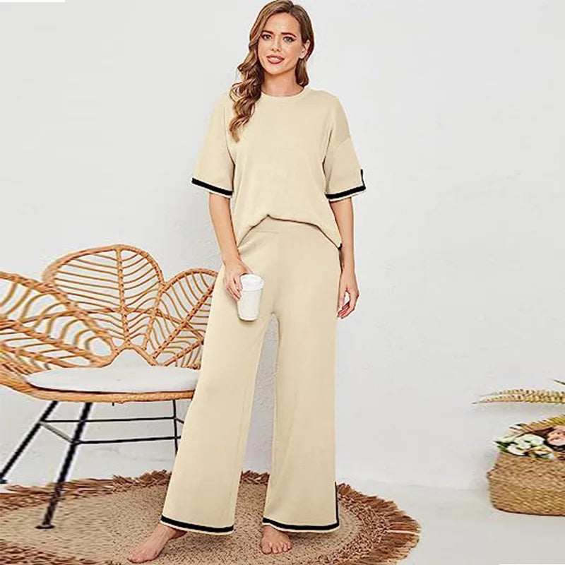 Summer Knitted Set Sweater Set Short Sleeve Pullover Wide Leg Pants