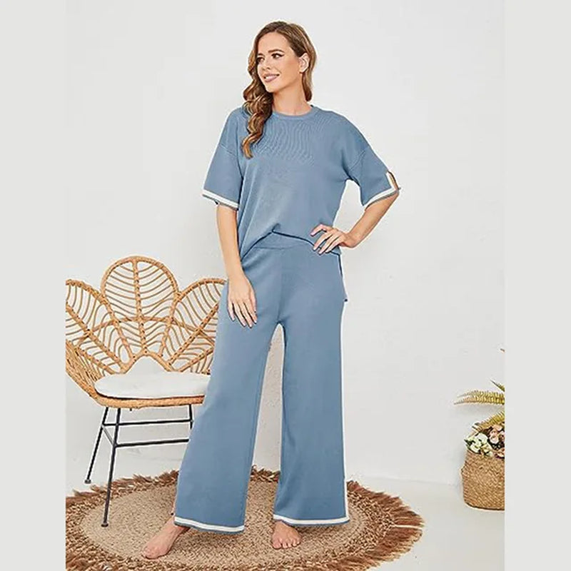 Summer Knitted Set Sweater Set Short Sleeve Pullover Wide Leg Pants