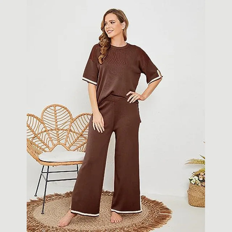 Summer Knitted Set Sweater Set Short Sleeve Pullover Wide Leg Pants