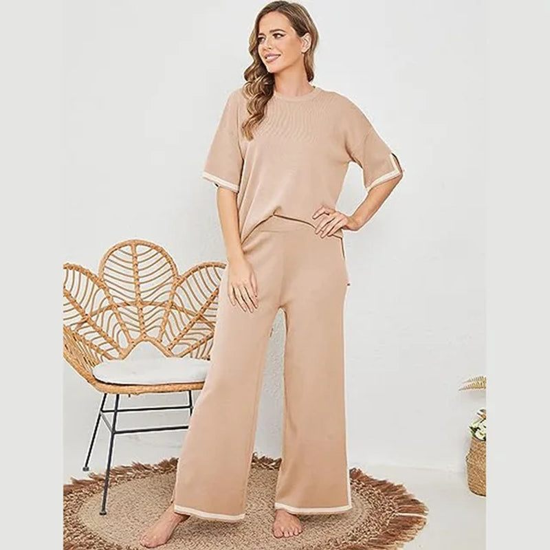 Summer Knitted Set Sweater Set Short Sleeve Pullover Wide Leg Pants