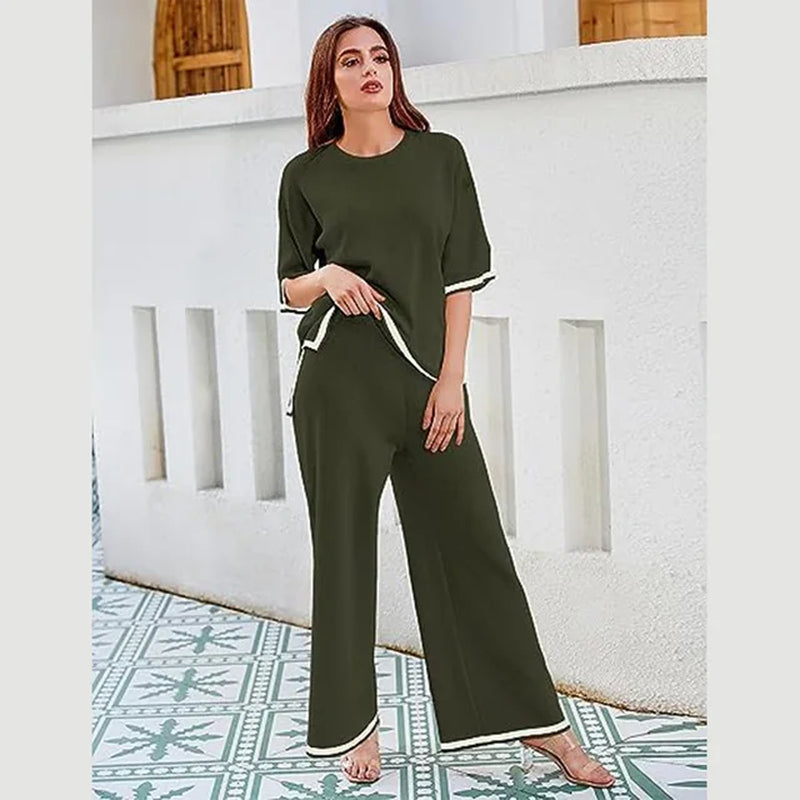 Summer Knitted Set Sweater Set Short Sleeve Pullover Wide Leg Pants