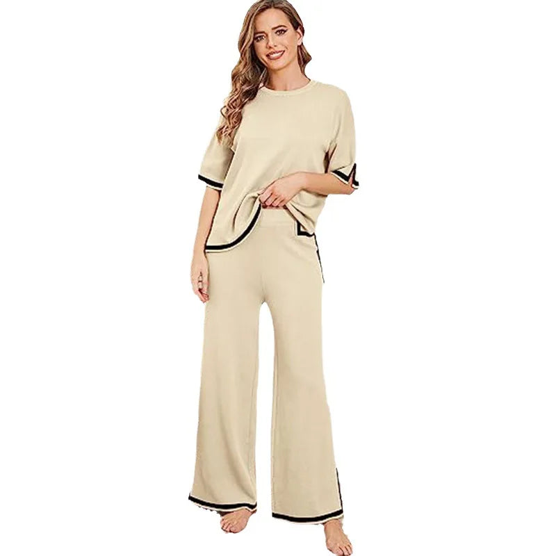 Summer Knitted Set Sweater Set Short Sleeve Pullover Wide Leg Pants