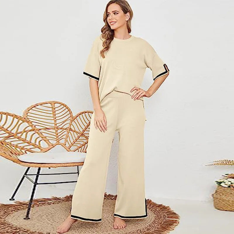 Summer Knitted Set Sweater Set Short Sleeve Pullover Wide Leg Pants