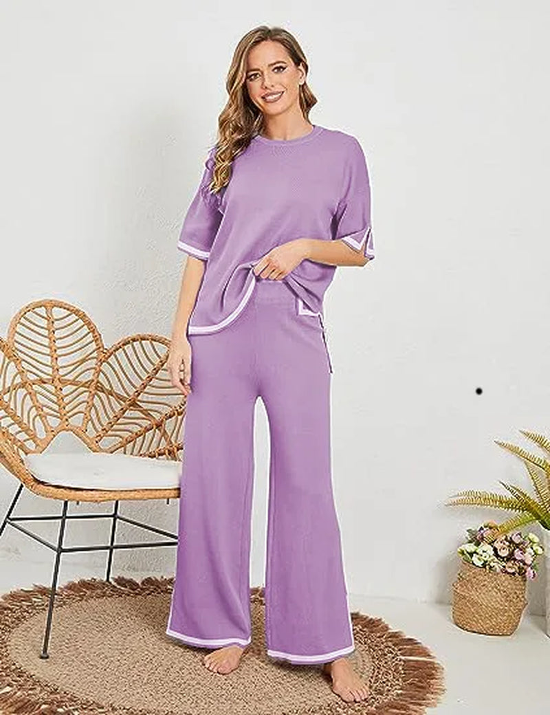 Summer Knitted Set Sweater Set Short Sleeve Pullover Wide Leg Pants
